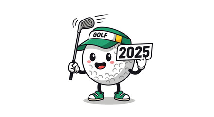 Cheerful Golf Ball Character Celebrating the Upcoming Year 2025 with Club and Green Visor