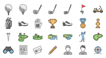 A vibrant collection of illustrated golf icons representing different aspects of the game