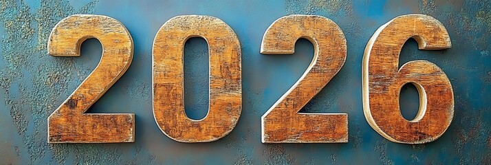 Rustic Wooden 2026 Numbers on Textured Blue Canvas, Celebrating the New Year and Future Aspirations