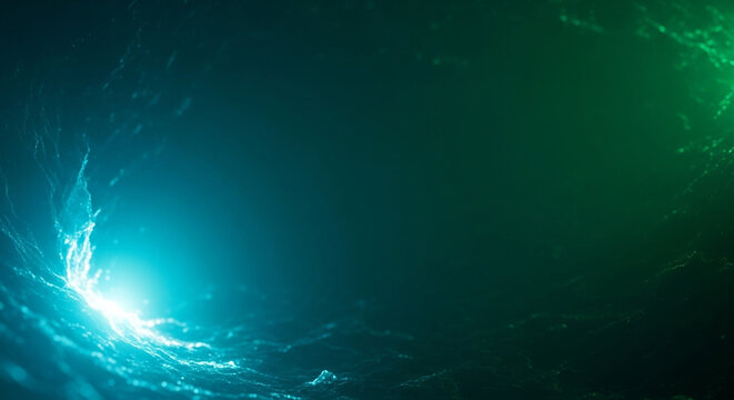 Abstract swirling vortex of glowing turquoise and green energy, representing a cosmic phenomenon or digital data stream, with a bright light source on the left