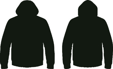 The image features two solid black hoodie mockups, showcasing both the front and back views of the garments. 