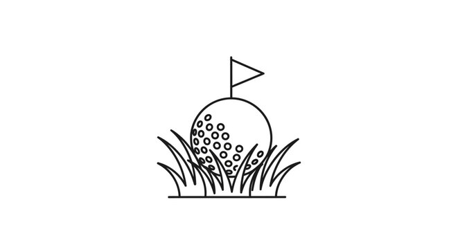 Simple golf course outline illustration with ball, flag and grass graphic icon