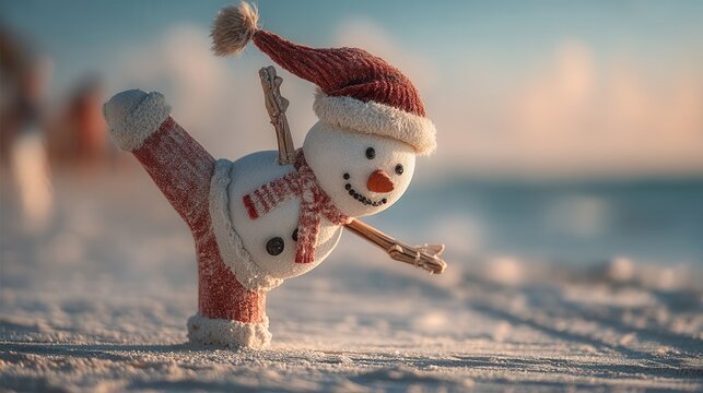 christmas vacation on the beach concept. Snowman in a festive pose on a snowy surface outdoors.