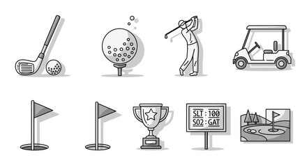 Vector illustration of golf elements with club, ball, golfer, cart and course accessories