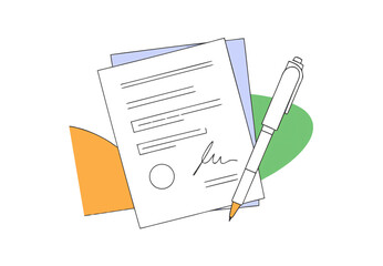 Naklejka premium Signed contract papers with pen and colorful sheets, business agreement, legal documents, completed paperwork illustration, isolated on a transparent background