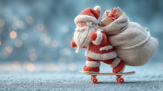 christmas vacation on the beach concept. Festive Santa figure on a skateboard with a sack of gifts. - Powered by Adobe