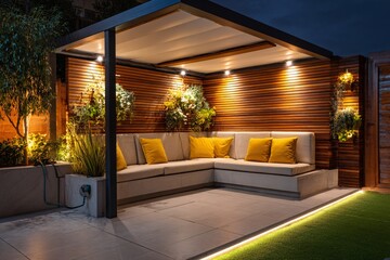Illuminated outdoor living space with modern pergola and cozy seating.