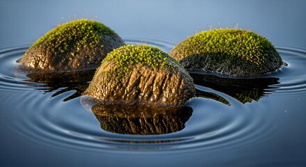 Mossy rocks in water with ripple effect minimalist nature scene