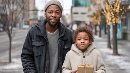 A homeless father and child walking through the city streets, with the child holding a small Christmas gift in their hands. As a result of winter's cold, harshness, warmth, holidays merge into one m