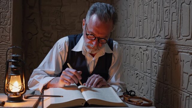 man studies book by lamp on wooden desk. pen rests on paper beside manuscript and eyeglass. wall engraved with hieroglyph frames study. ink stains page. parchment edge ages near leather binding.