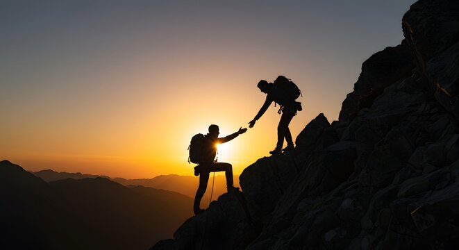 Reaching the Summit Together: A Helping Hand Silhouetted Against a Radiant Mountain Sunset.