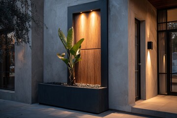 Bird of paradise plant adorns a modern architectural feature outdoors.