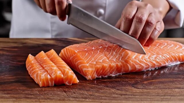 Smooth salmon slicing process with glistening texture, perfect for food vlog or Japanese cuisine reel