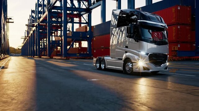 Truck drives through port container yard. Shot shows truck carrying cargo container for shipping freight. Scene conveys transport and logistics at highway terminal. Industrial delivery captured now.