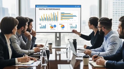 Dynamic business team reviews digital ad performance data during a strategic meeting session - Powered by Adobe