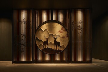 Deer artwork adorns a screen with golden accents and mountain scenery.