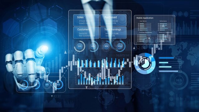 AI analyzing sales data dashboard, visualizing performance metrics, detecting trends, and generating insights to improve financial outcomes and strategic planning. Marrow - Powered by Adobe