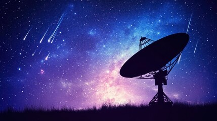 Silhouette of telescope with starfall and nebula sky background, night