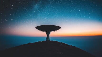 Silhouetted radio antenna against a starry sky with vibrant twilight colors at dusk