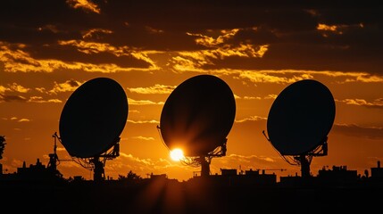 Silhouette of three communication dishes against a vibrant sunset sky