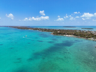 Aerial view of the Key Largo coastline in the Florida Keys, United States. 