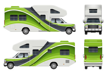 RV camper van wrap vector mockup shown from side, front, rear view. Perfect for vehicle branding, corporate identity. All elements in the groups on separate layers for easy editing and recolor.