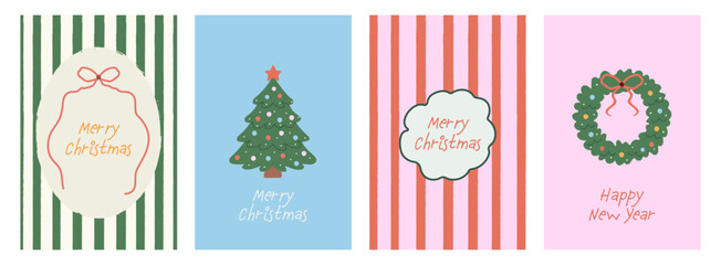 Merry Christmas and Happy New Year retro card set featuring a scribble crayon, playful,naive doodle line art style: Xmas trees, wreath, wavy frames, ribbons,bows.Ideal for festive posters, invitations