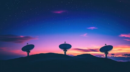 Three satellite dishes silhouetted against a vibrant dusk sky