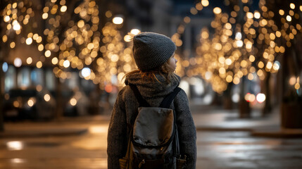 A homeless child with a backpack, staring out at the Christmas lights on a street, while holding a small toy, feeling the weight of the holiday season. As a result of winter's cold, harshness, warmth