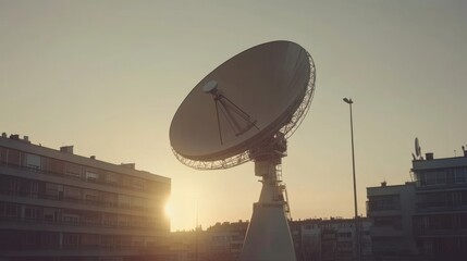 Satellite dish against a sunset sky with urban buildings in the background