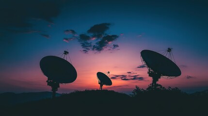 Satellite dishes at dusk against a pink-purple sunset sky