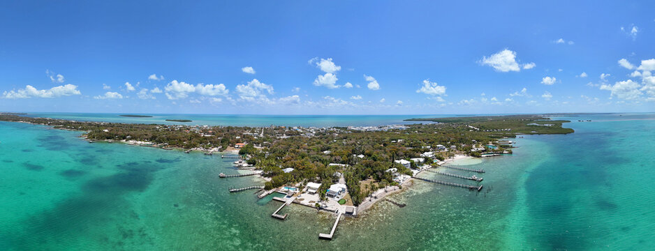 Panoramic of ocean front homes in Key Largo in the Florida Keys, United States.	