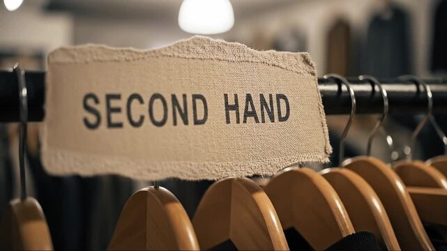 A sign for second hand clothing hangs on a rack in a thrift shop. Shopping for pre-owned apparel. Sustainable fashion and the circular economy concept