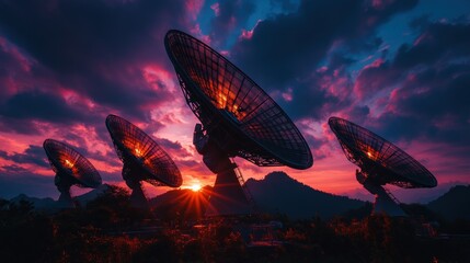 Four satellite dishes point to sunset, set against a dramatic, colorful sky