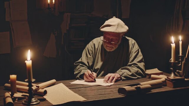 Man scribe writing desk candlelight scroll. Elderly writer beard writes on paper. Historical study lit by candlelight shows scribe at desk. Quiet research and writing mood. Authentic period study.