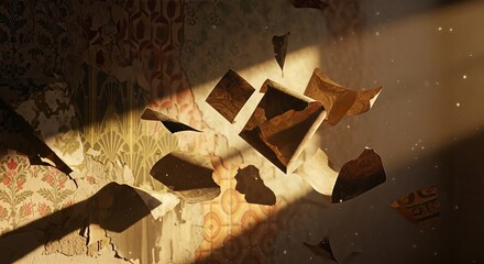 Old wallpaper with peeling layers and sunlight