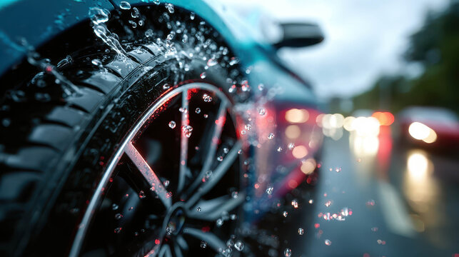 Macro shot of a sports car wheel with raindrops, highlighting performance, power, and precision under wet conditions