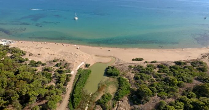 Aerial view of the beach of Selinunte, a hamlet of Castelvetrano, located in the province of Trapani, Sicily, Italy. It is a sandy beach overlooking the clear waters of the Mediterranean Sea.