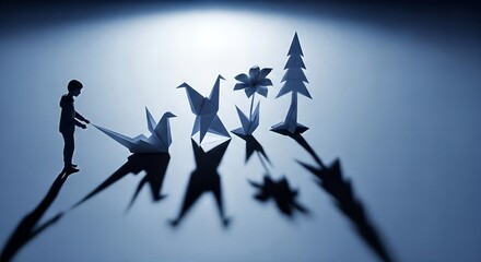 Origami paper art with figure and shadows minimalist concept