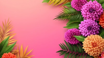 A vibrant floral arrangement with pink and orange blooms, green fronds on a pink gradient
