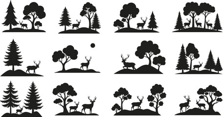 Deer silhouette forest scene, wildlife nature landscape, woodland animals with trees, hills, coniferous and deciduous forest, cad drawing flat vector illustration