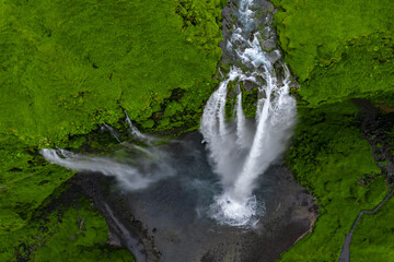 Naklejka premium Aerial view shows Seljalandsfoss in southern Iceland as water drops from a mossy cliff into a dark pool, streams fan out in white ribbons, mist rises in daylight.