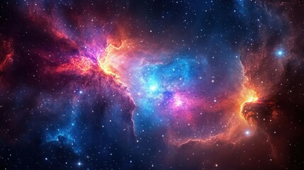 Naklejka premium Vibrant celestial nebula with blues, purples, golds, and stars across the expanse