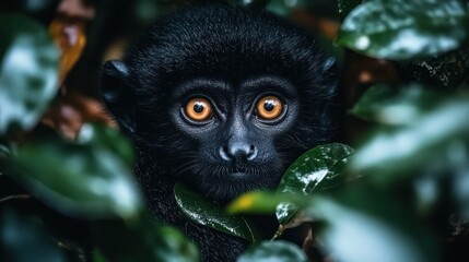 Obraz premium Black monkey infant, eyes, leaves