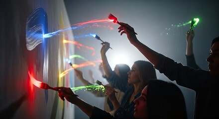 People holding colorful glowing sticks in a dark room.