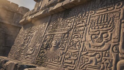 Ancient Stone Carvings of Mayan Civilization - A close-up video shows weathered stone carvings, possibly from an ancient Mayan or similar civilization. - Powered by Adobe