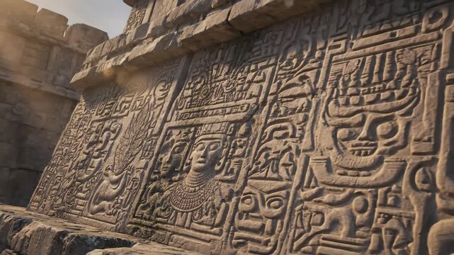 Ancient Stone Carvings of Mayan Civilization - A close-up video shows weathered stone carvings, possibly from an ancient Mayan or similar civilization.