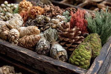 Dried botanicals in rustic wooden box