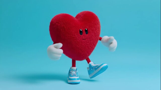 Happy heart character dancing with thumbs up gesture. Cute 3D animated mascot for Valentine's Day or health concepts. Style animation with copy space