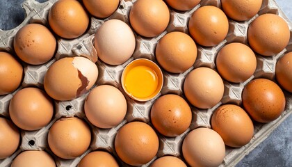 Eggs in carton with one broken. (1)